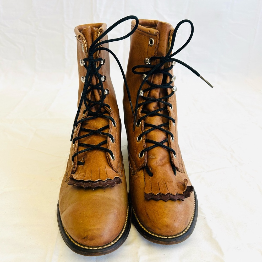 Laredo Tan Lace-Up Leather Roper Boots - Picture 14 of 16
